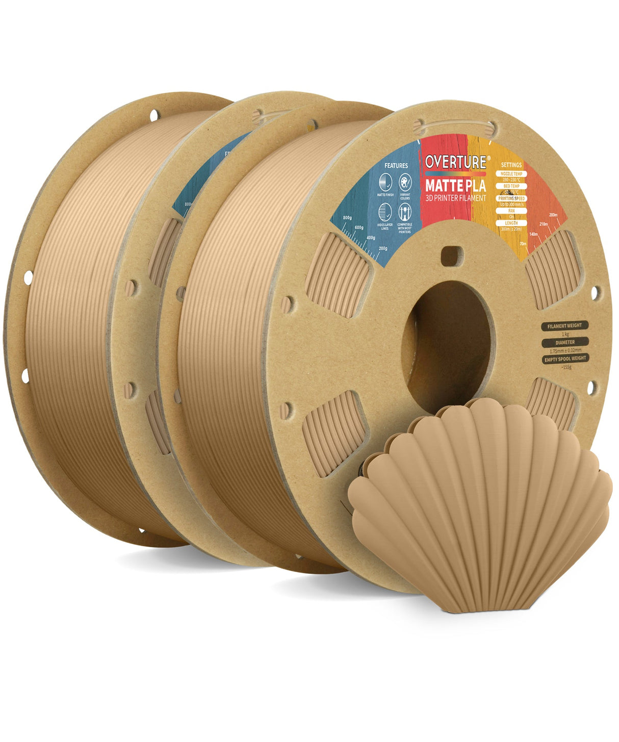 Overture Matte PLA 3D Printer Filament 1.75mm 2 Pack - Overture 3D
