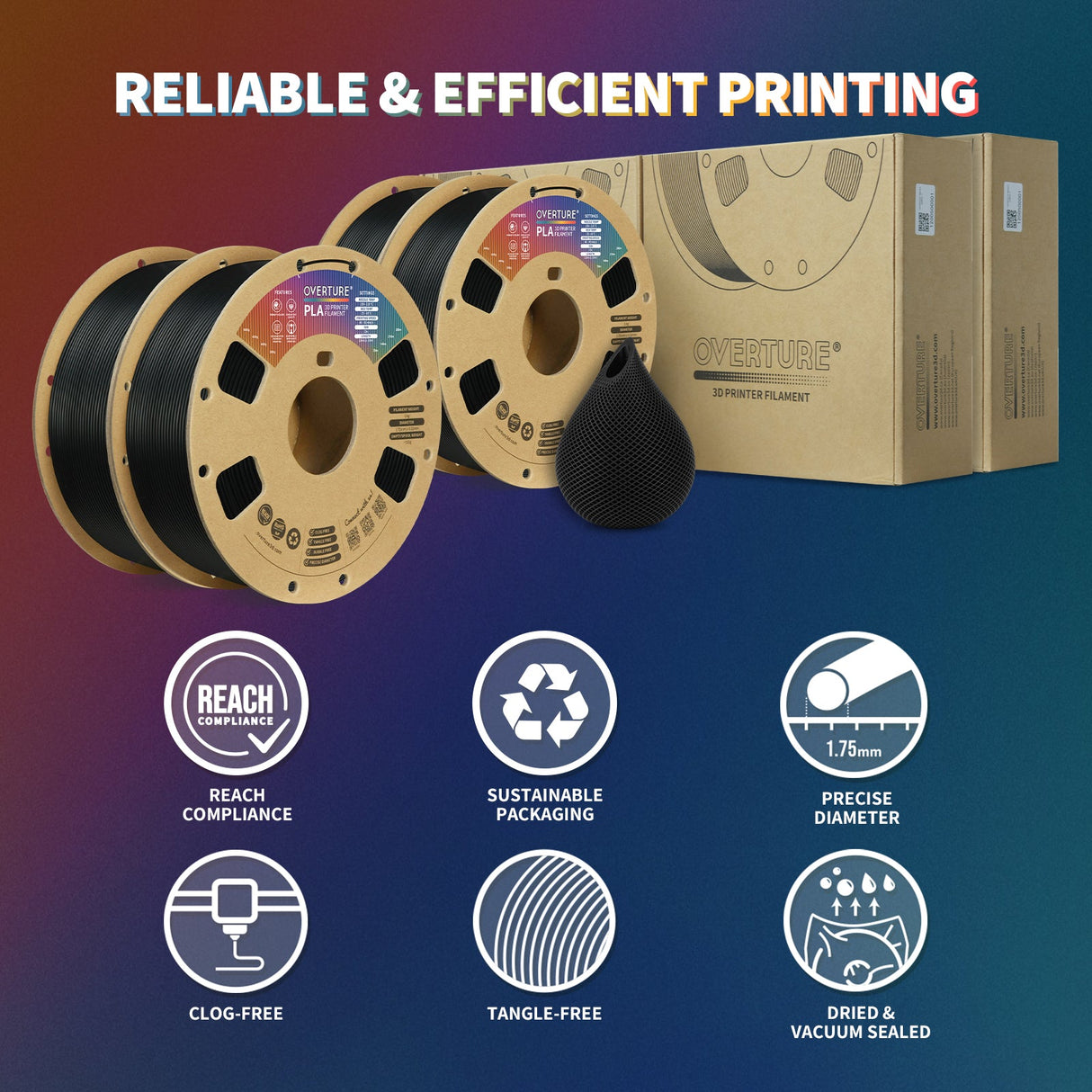 Overture PLA 3D Printer Filament 1.75mm - 4 Pack - Overture 3D
