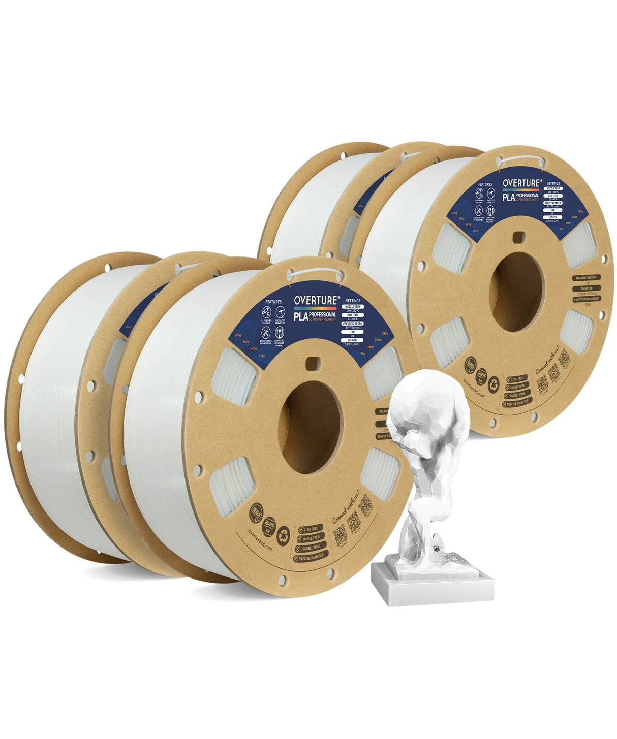 Overture PLA Professional 3D Printer Filament 1.75mm-4 Pack - Overture 3D