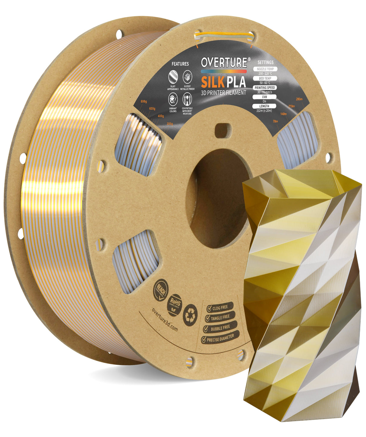 Overture Silk PLA 3D Printer Filament 1.75mm - Overture 3D