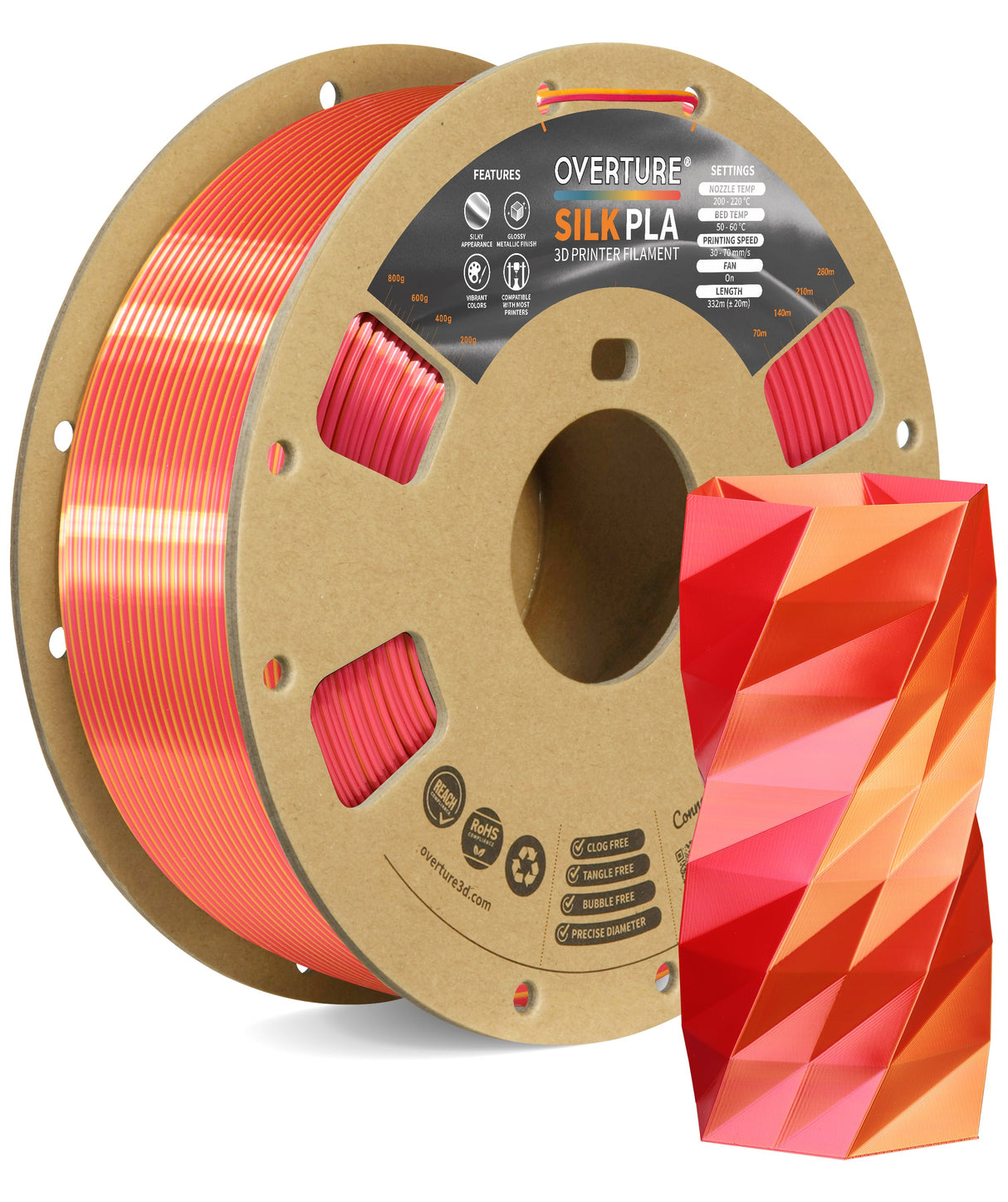 Overture Silk PLA 3D Printer Filament 1.75mm - Overture 3D