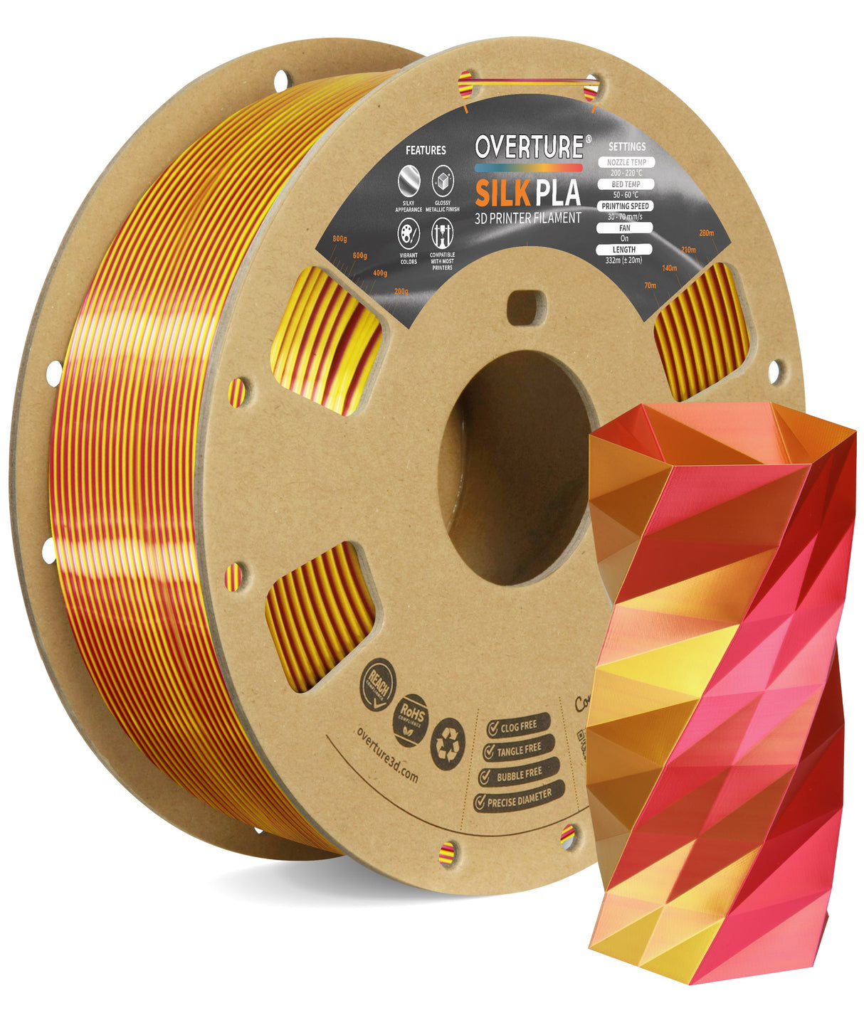 Overture Silk PLA 3D Printer Filament 1.75mm - Overture 3D