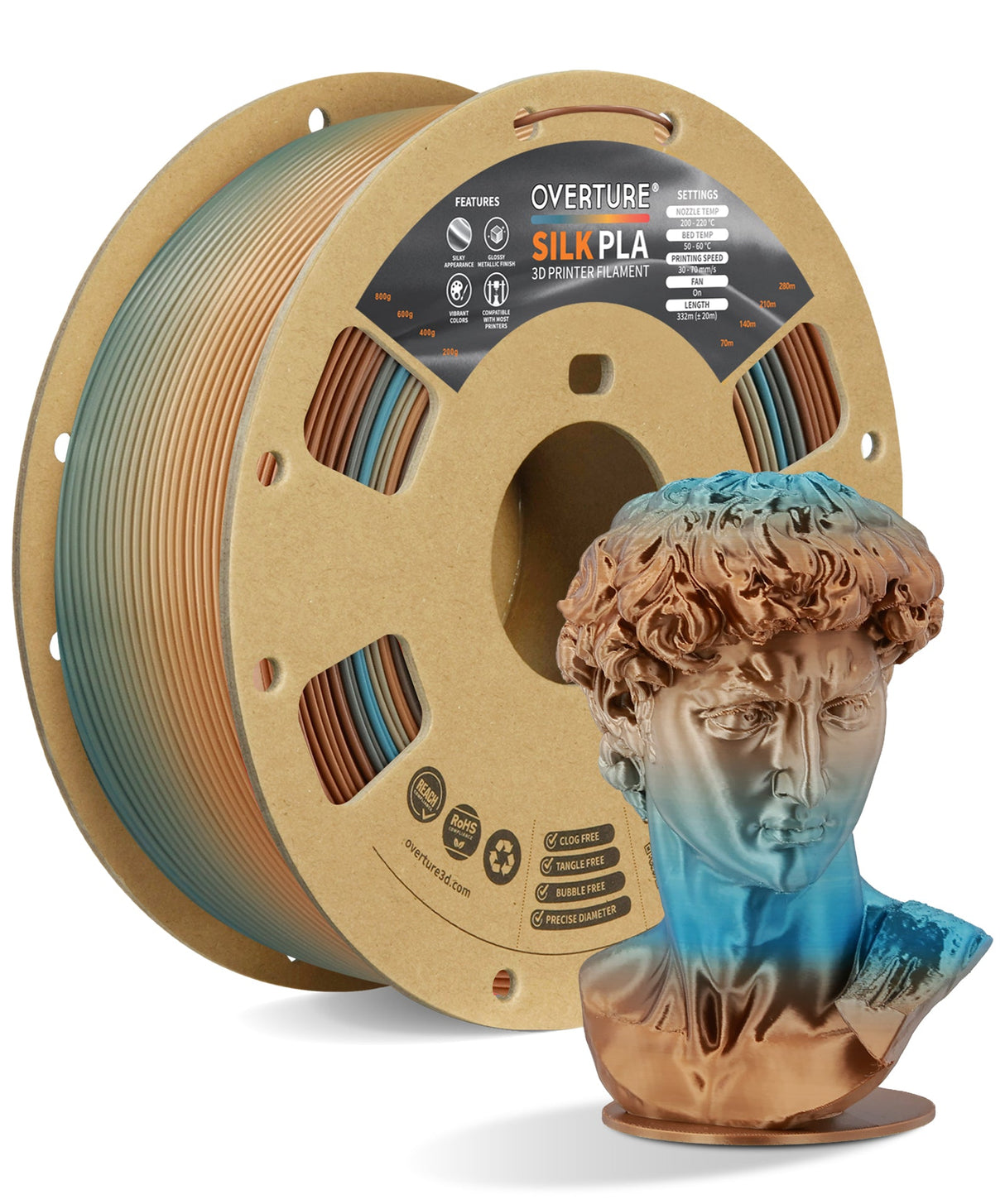 Overture Silk PLA 3D Printer Filament 1.75mm - Overture 3D