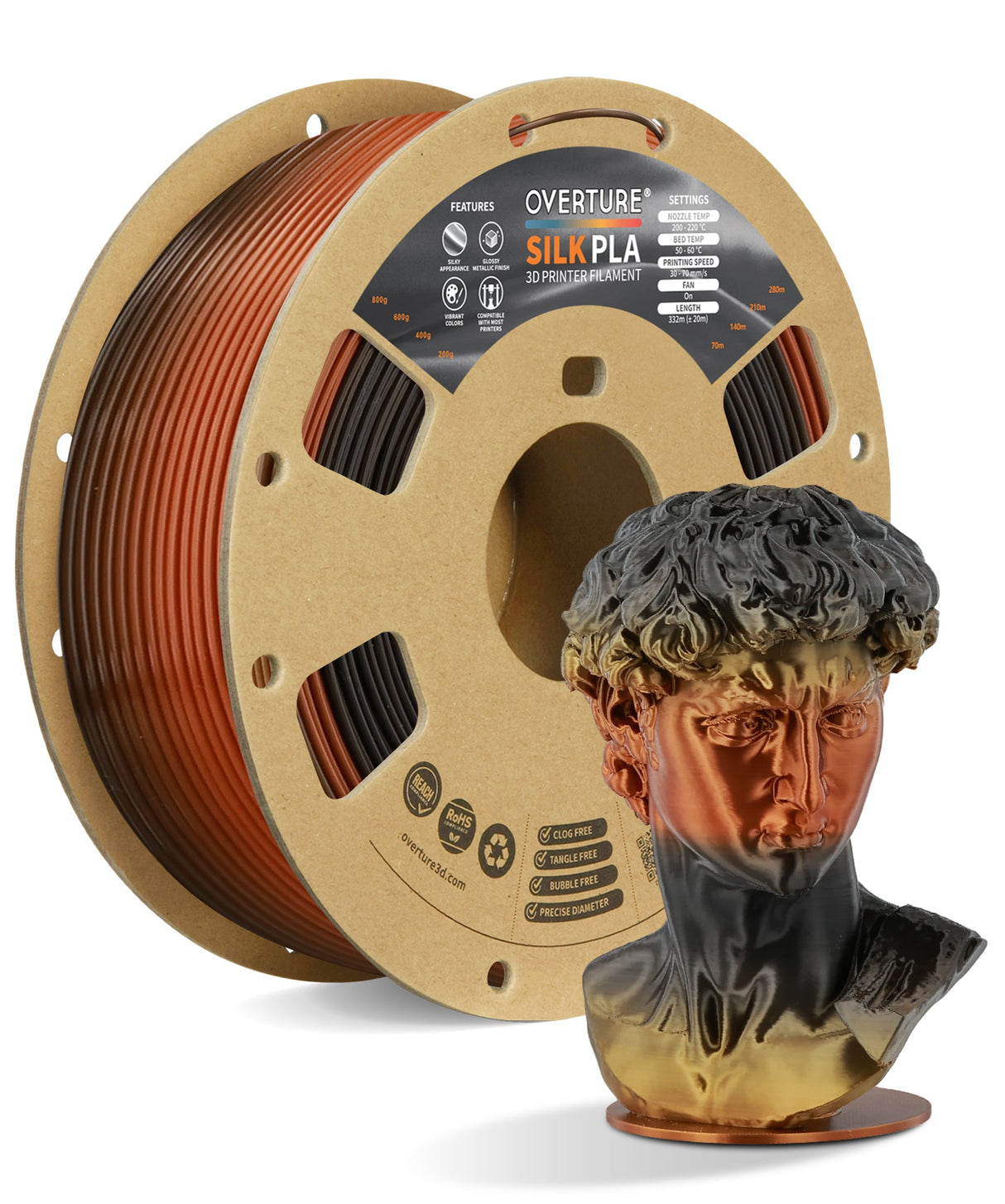 Overture Silk PLA 3D Printer Filament 1.75mm - Overture 3D