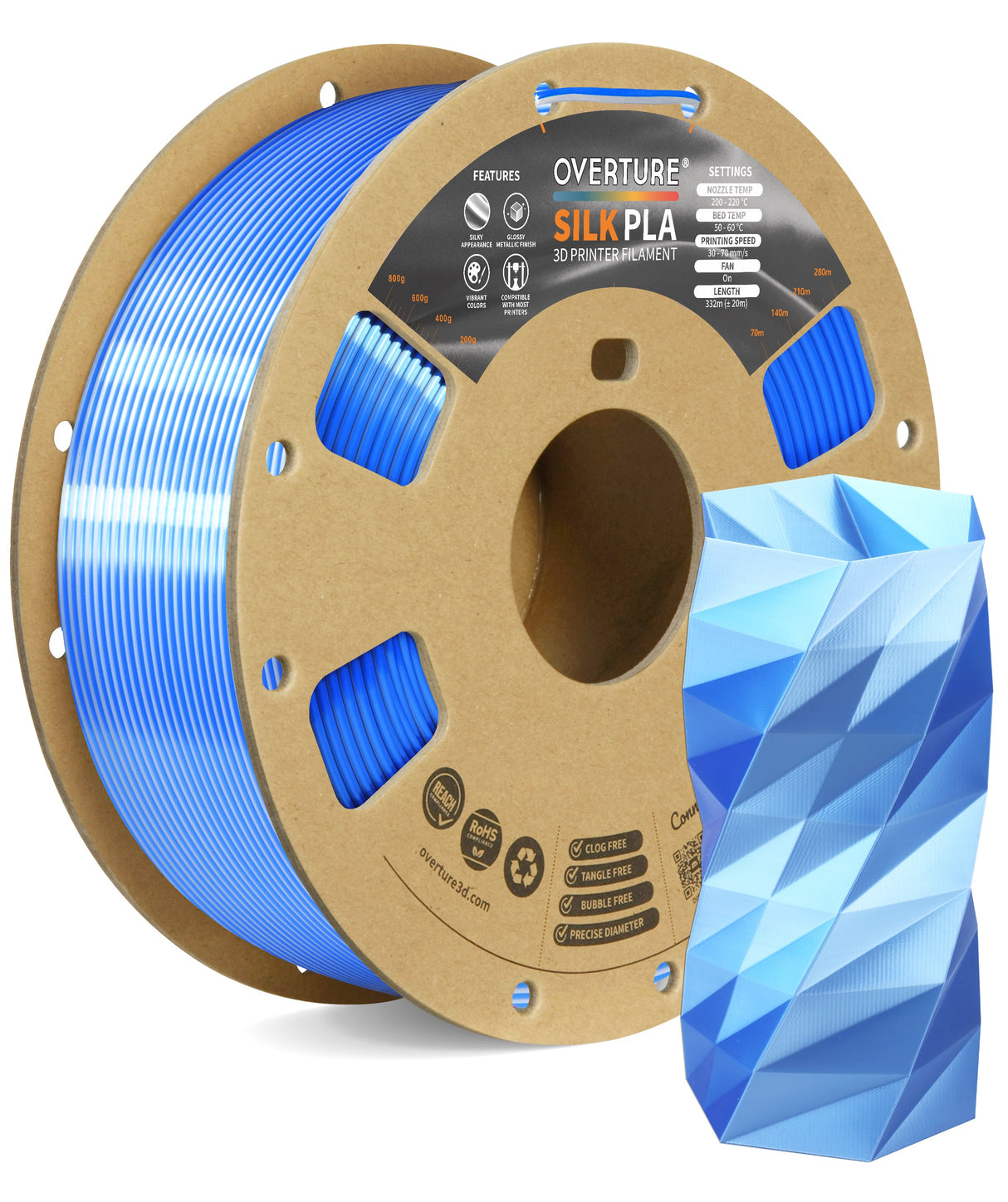 Overture Silk PLA 3D Printer Filament 1.75mm - Overture 3D