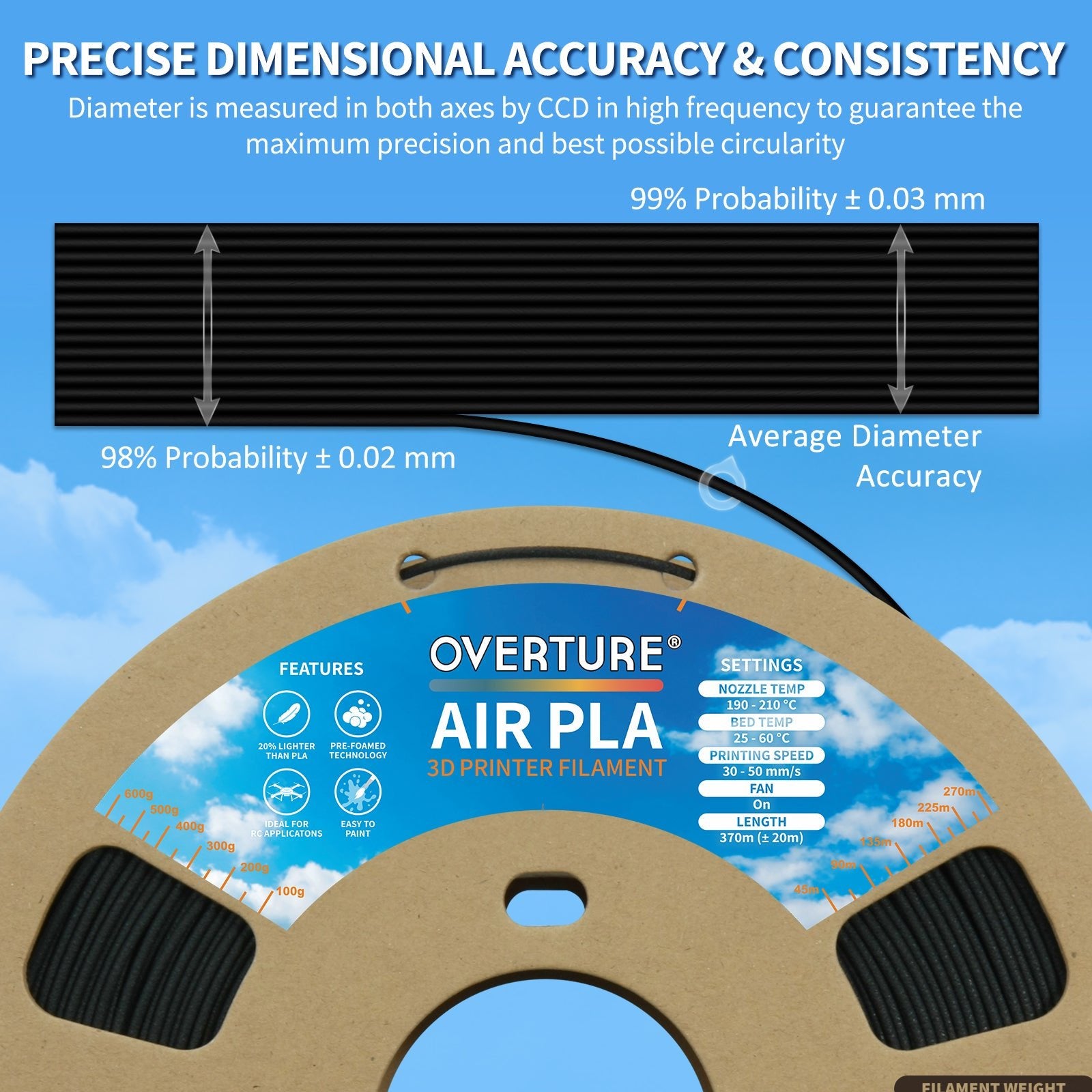 Overture Air PLA 3D Printer Filament 1.75mm - Overture 3D