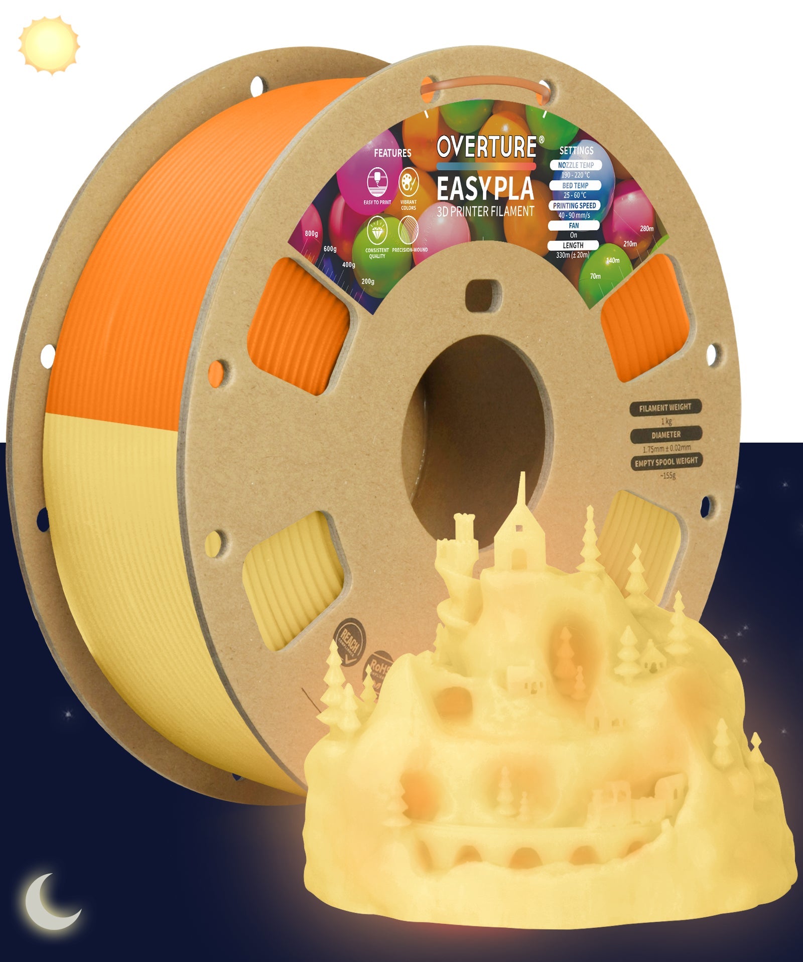 Overture Glow PLA 3D Printer Filament 1.75mm - Overture 3D