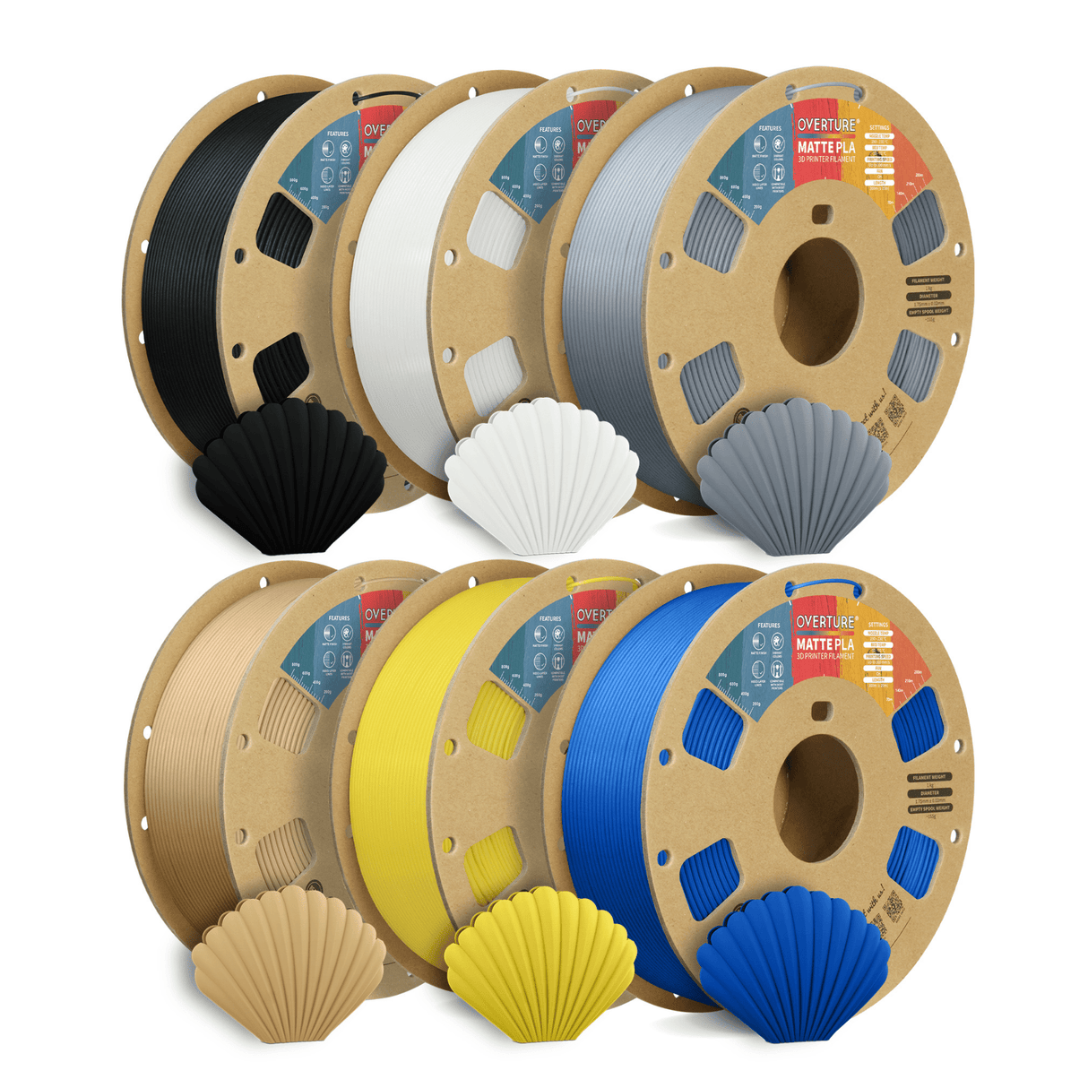 Overture Matte PLA 3D Printer Filament 1.75mm 6 Pack - Overture 3D