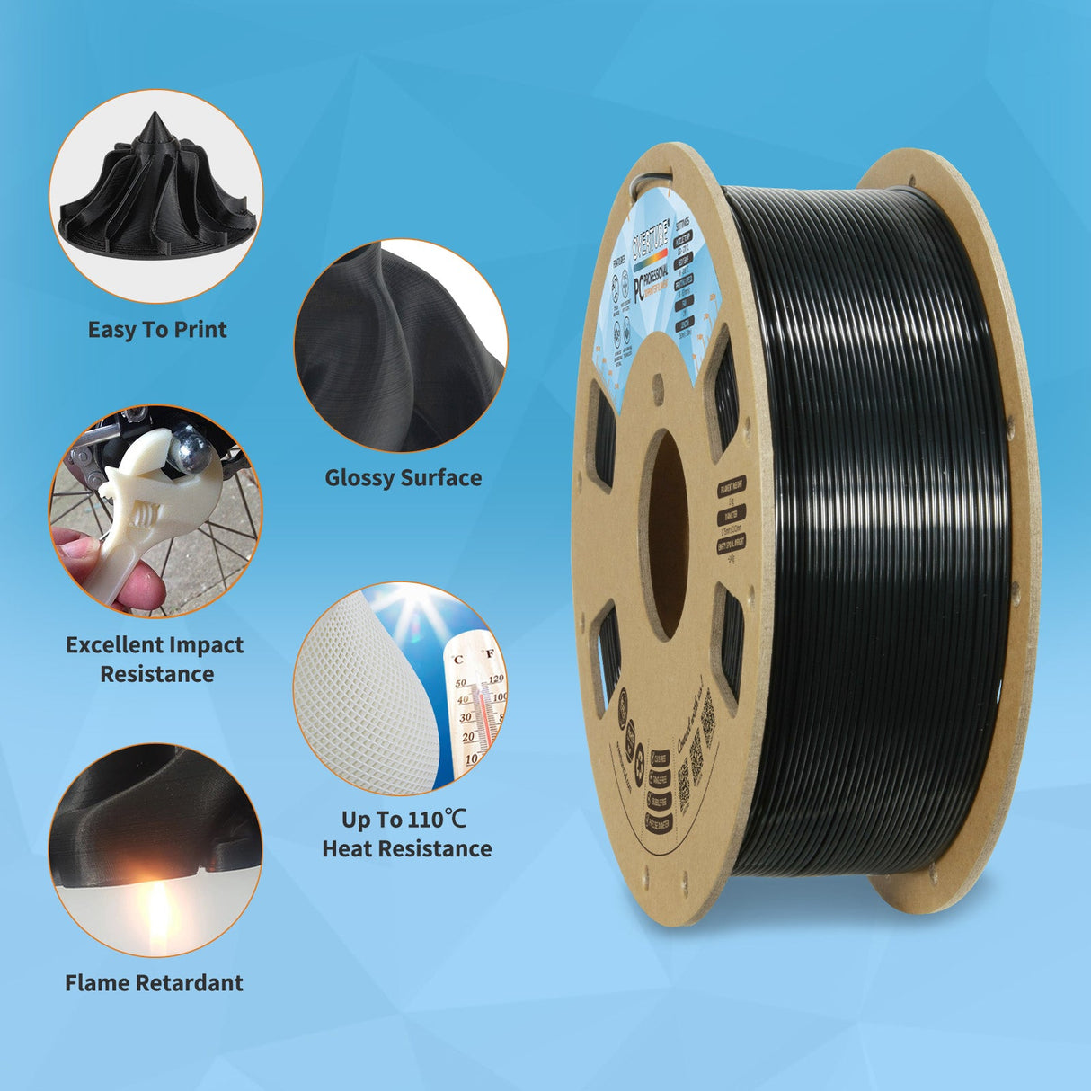 Overture PC Professional Transparent 3D Printer Filament 1.75mm - Overture 3D