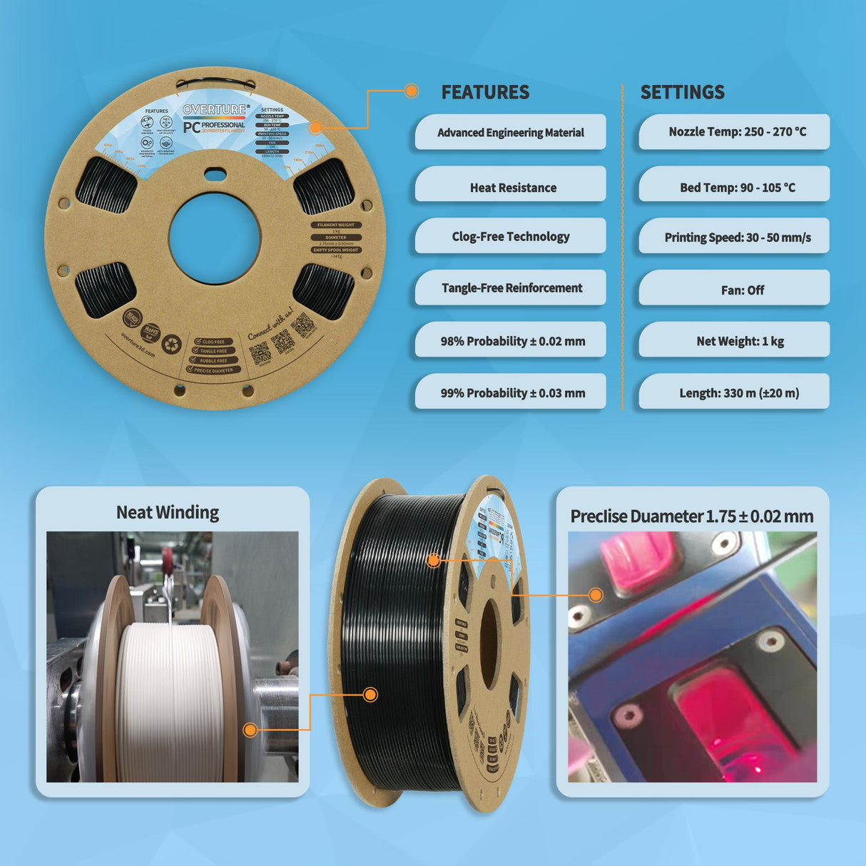 Overture PC Professional Transparent 3D Printer Filament 1.75mm - Overture 3D