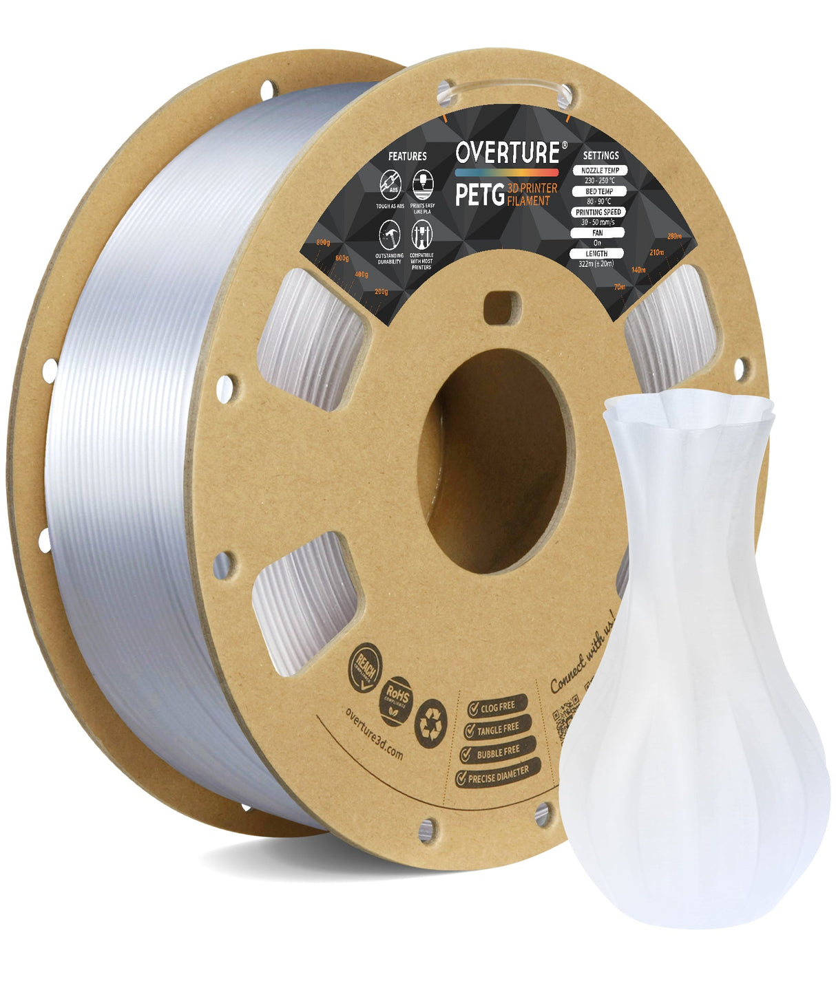 Overture PETG Transparent 3D Printer Filament 1.75mm - Overture 3D