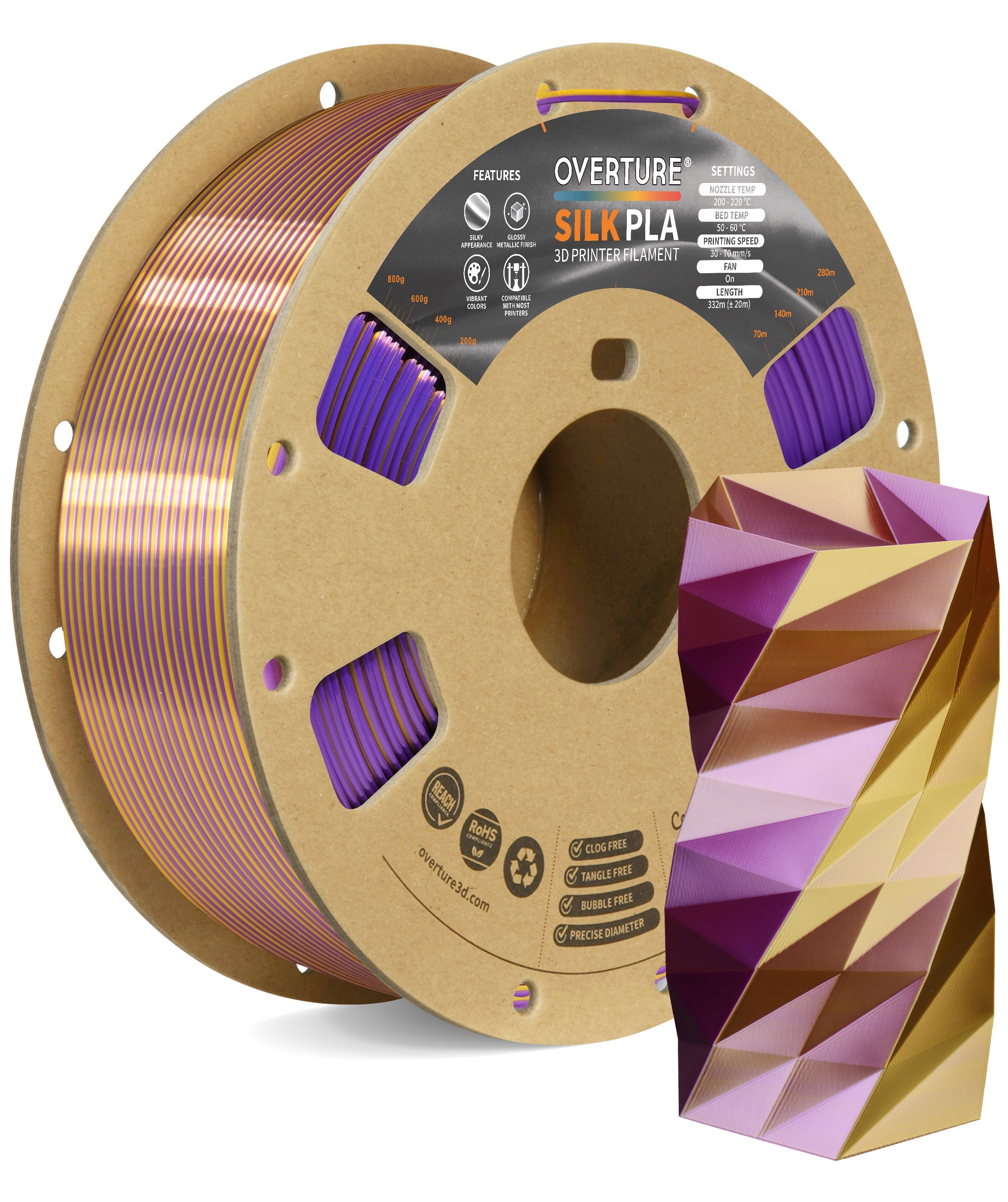 Overture Silk PLA 3D Printer Filament Dual Colors 1.75mm - Overture 3D
