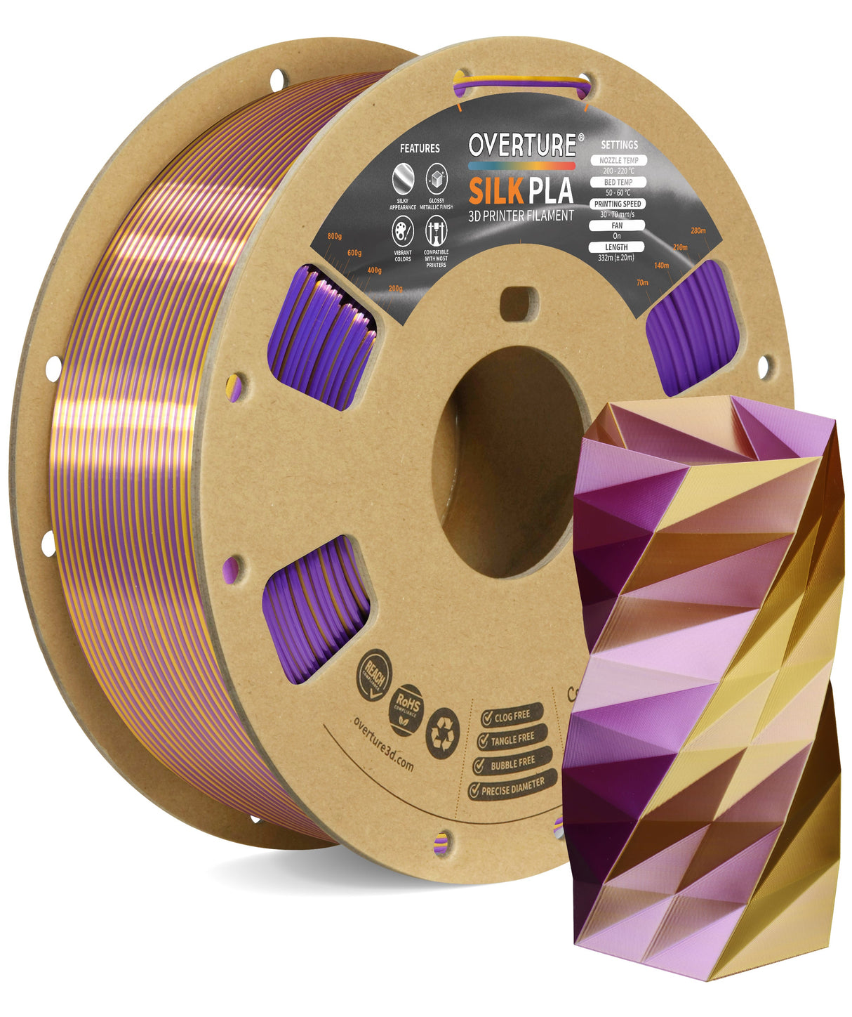 Overture Silk PLA 3D Printer Filament Dual Colors 1.75mm - Overture 3D