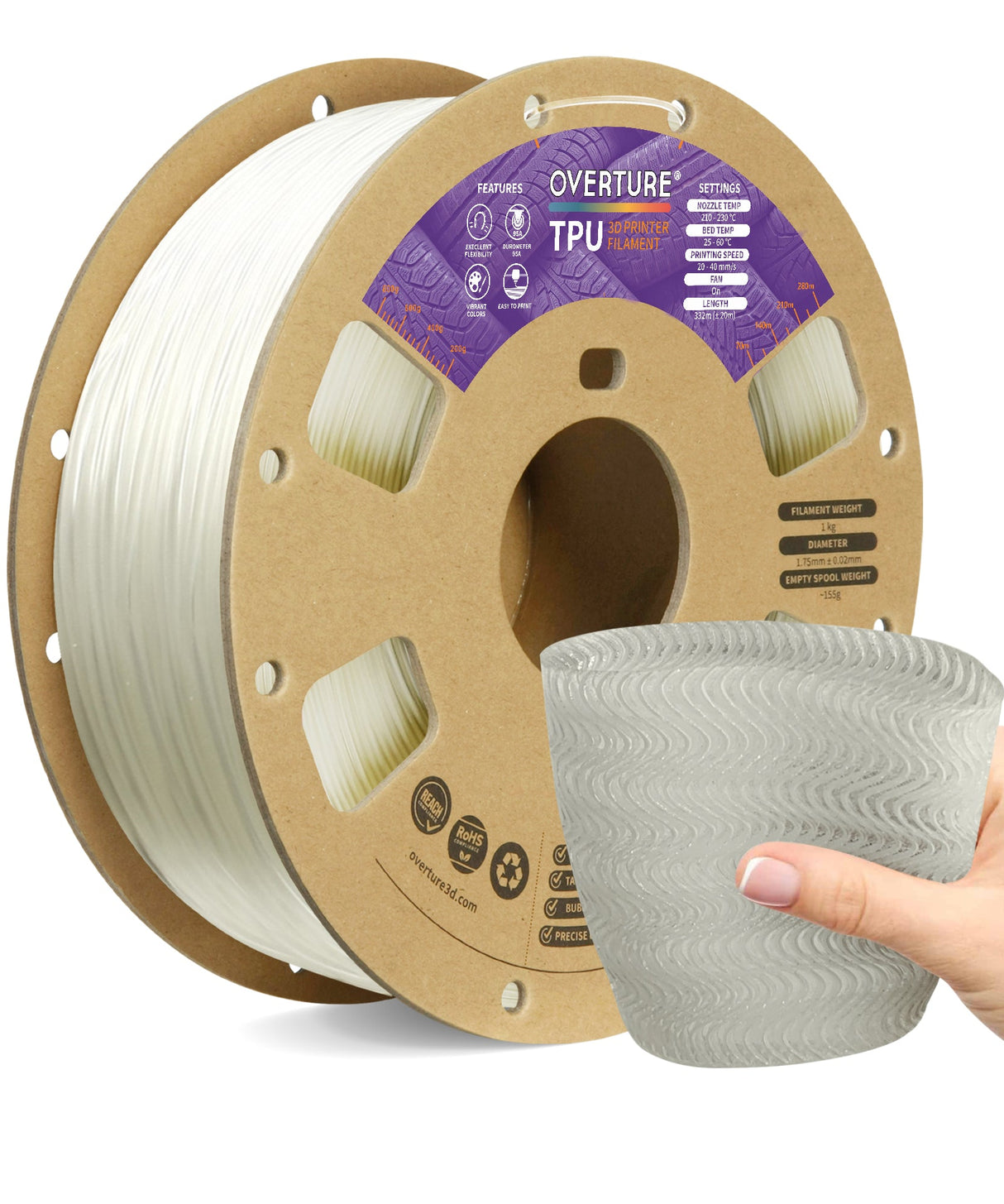 Overture TPU 3D Printer Filament 1.75mm - Overture 3D