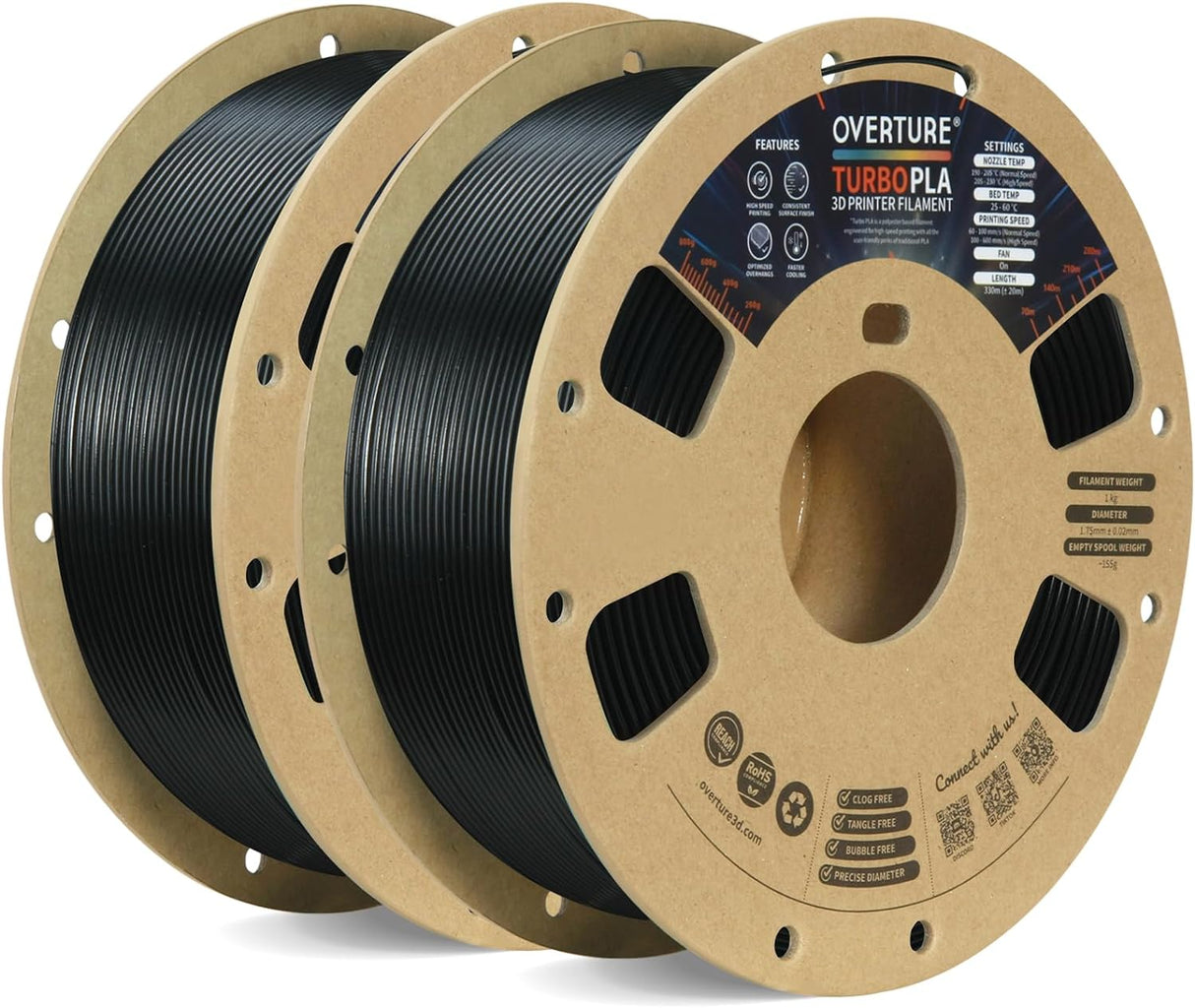 OVERTURE Turbo PLA Filament 1.75mm Rapid PLA 3D Printer Filament - 2 Pack - Overture 3D