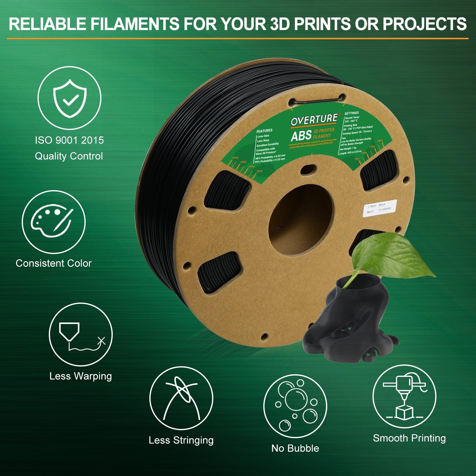 FLASHFORGE ASA Filament 1.75mm Balck, 3D Printer Filament 1kg (2.2lbs)  Spool, Dimensional Accuracy +/- 0.02mm, Durable, High UV-Resistant, Perfect  for