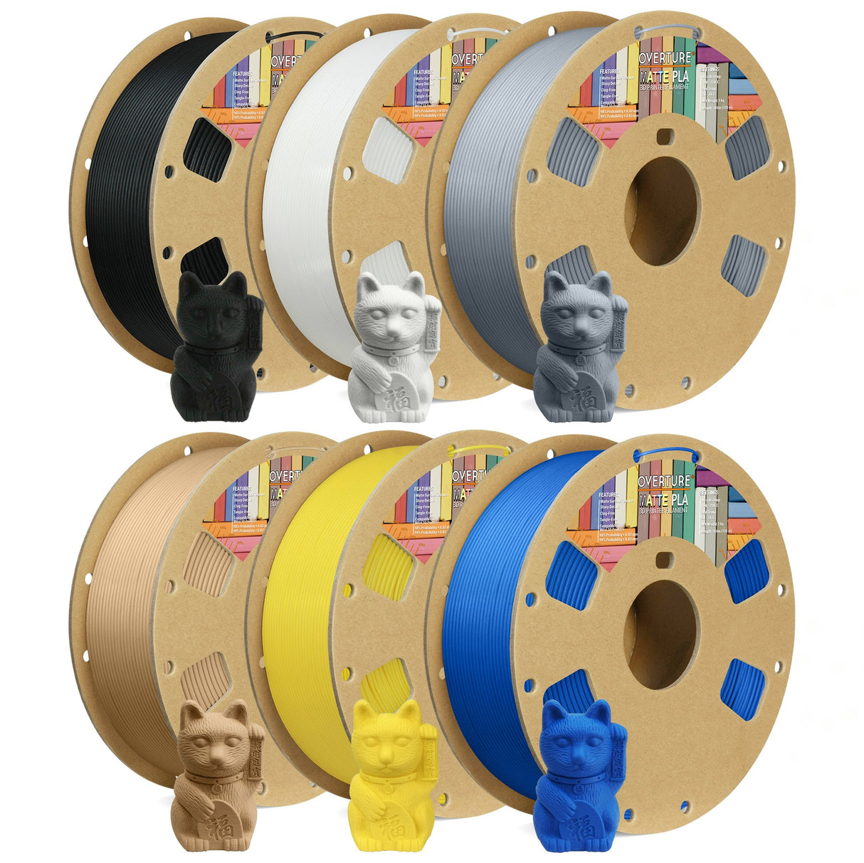 Overture Matte PLA 3D Printer Filament 1.75mm 6-Pack - Overture 3D