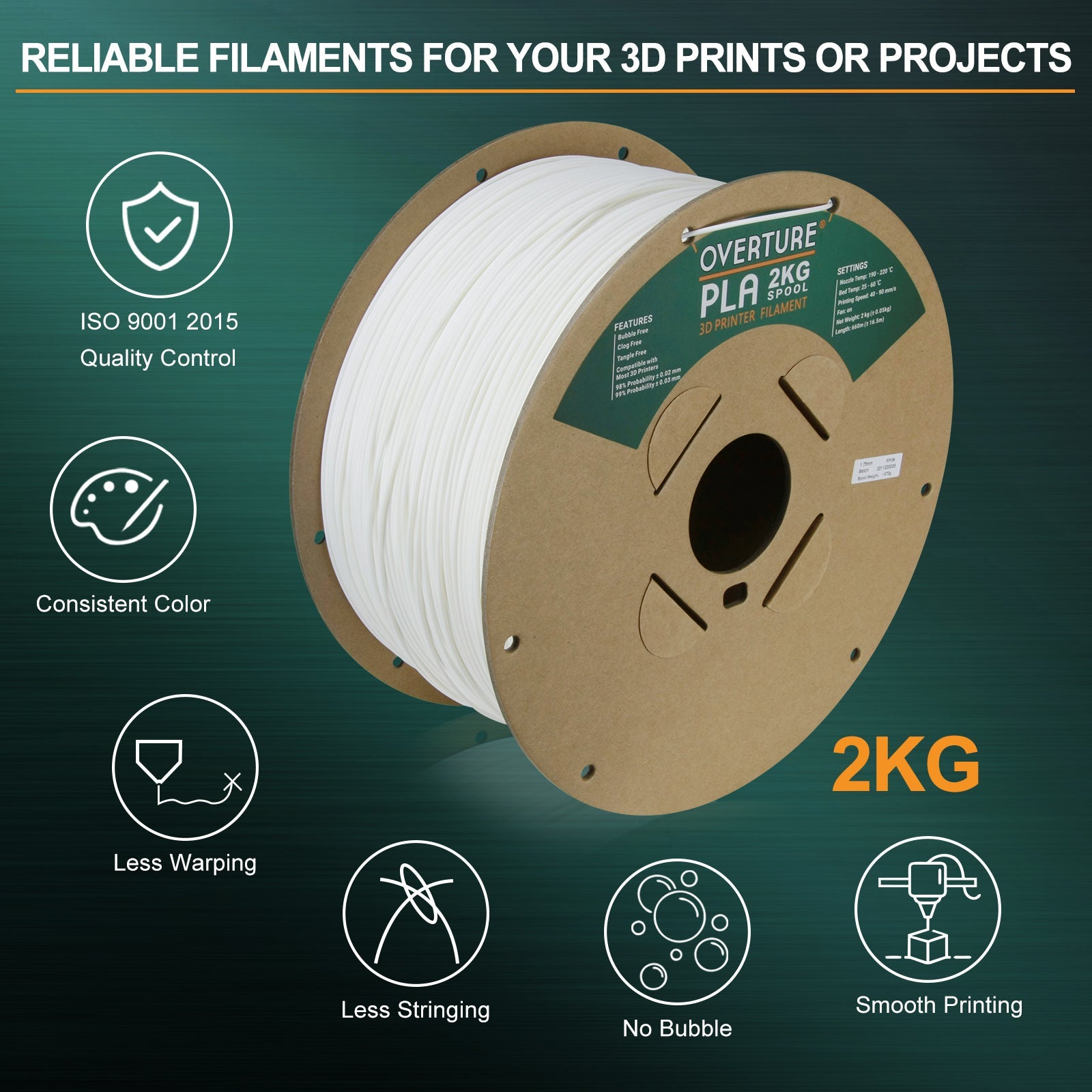 Overture PLA 3D Printer Filament 1.75mm-2KG