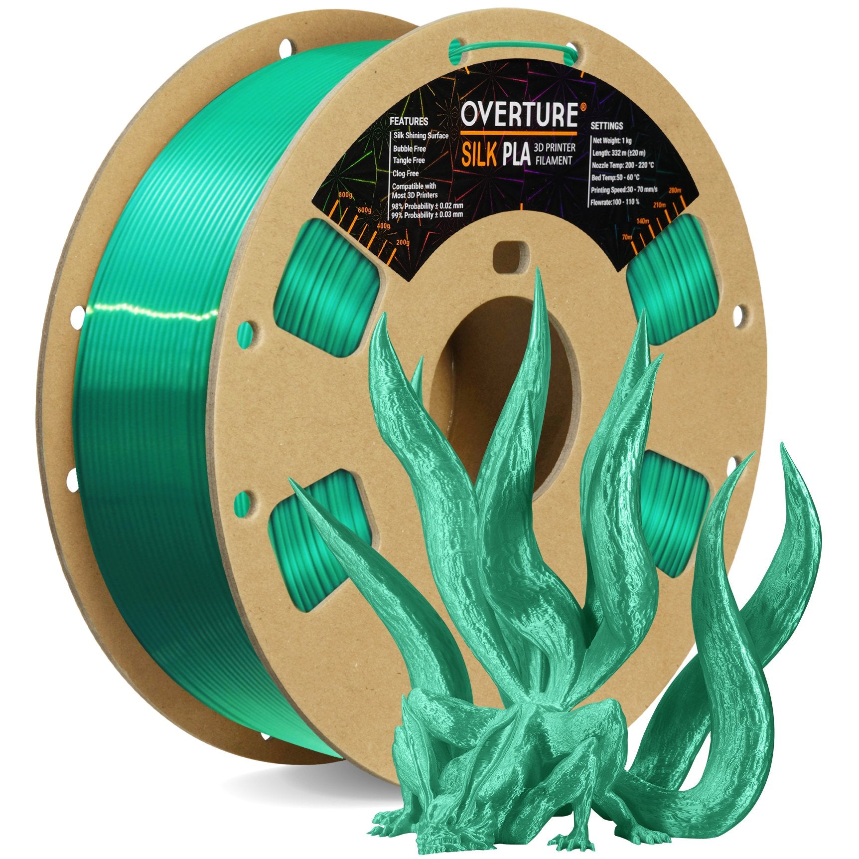 Overture Silk Filament PLA 1.75mm Clog-Free Shiny 3D Printer Filament, 1kg Spool (2.2lbs), Dimensional Accuracy +/- 0.03 mm, Fit