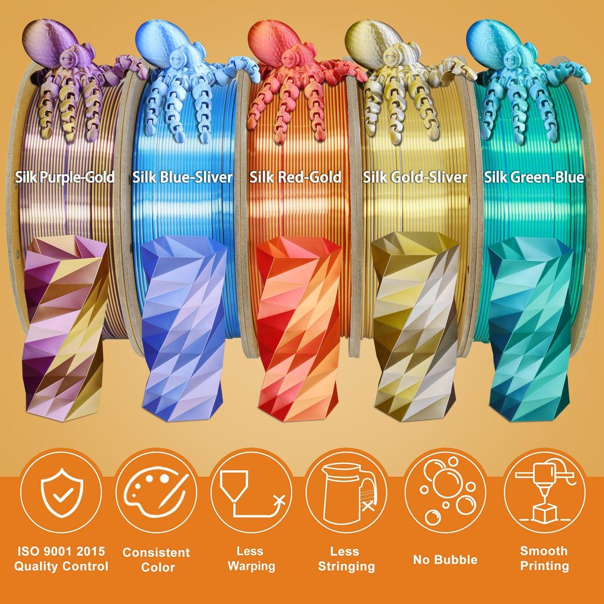 Overture Silk PLA Filament Dual Colors 1.75mm - Overture 3D
