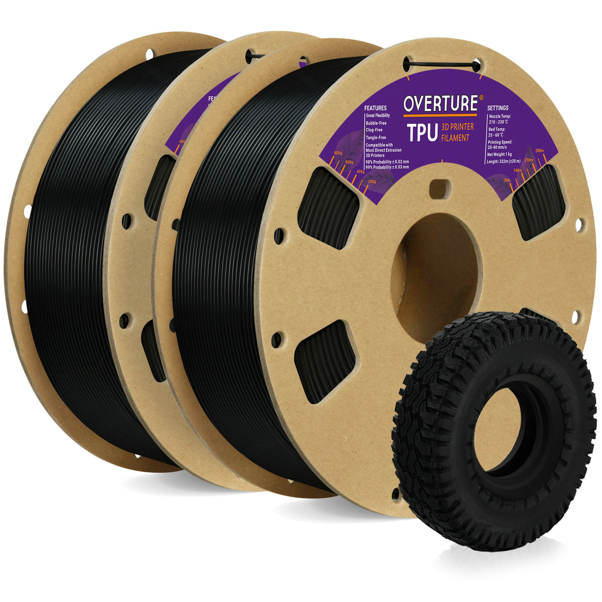 Overture TPU 3D Printer Filament 1.75mm 2-pack - Overture 3D