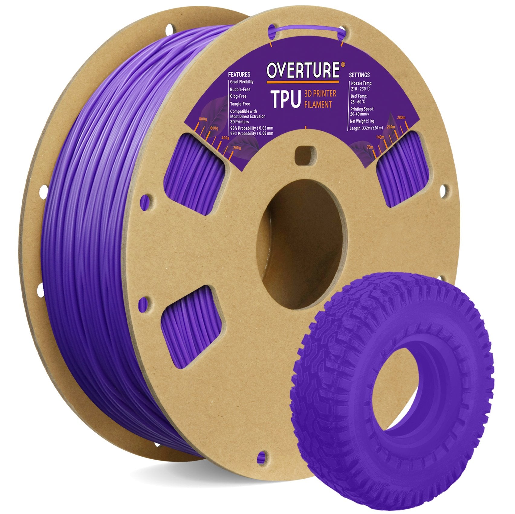 Overture TPU Filament 1.75mm Flexible TPU Roll Soft 3D Printer Consumables, 1kg Spool (2.2 lbs), Dimensional Accuracy +/- 0.03 mm, 1 Pack (Black)